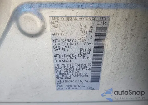 2019 Nissan Rogue Sv z USA, uszkodzony, nr VIN 5N1AT2MVXKC736356